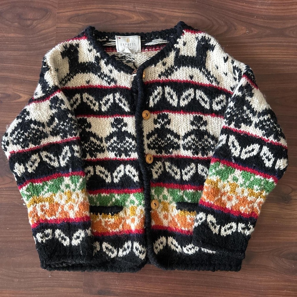Express Tricot Vintage Handknitted Wool Cardigan Reindeer Fair Isle Sweater XS/S